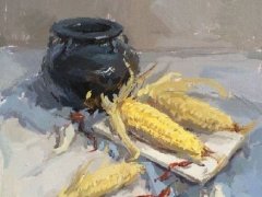 吴越画室 黑罐子、玉米、浅色衬布