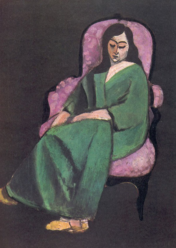 ▼ Laurette with a Green Dress, Black Background 1916